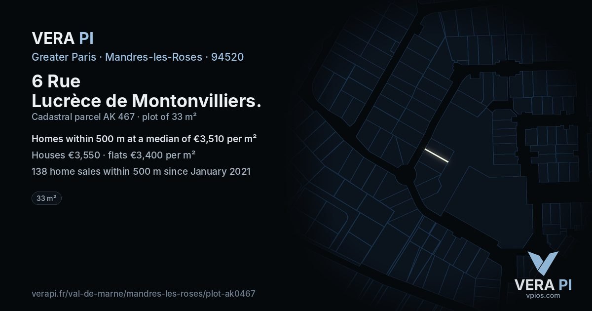 6 Rue Lucrèce de Montonvilliers, Mandres-les-Roses at night – the plot lit, the parcels around coloured by the prices near them