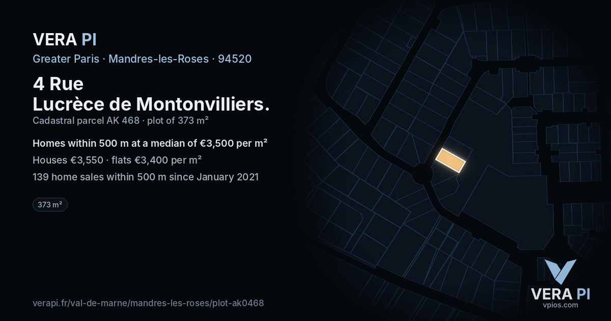 4 Rue Lucrèce de Montonvilliers, Mandres-les-Roses at night – the plot lit, the parcels around coloured by the prices near them
