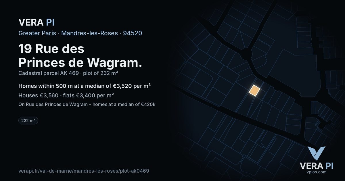 19 Rue des Princes de Wagram, Mandres-les-Roses at night – the plot lit, the parcels around coloured by the prices near them