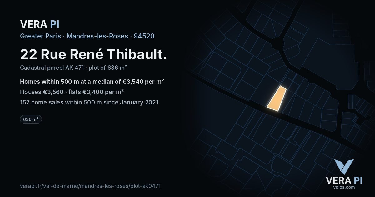 22 Rue René Thibault, Mandres-les-Roses at night – the plot lit, the parcels around coloured by the prices near them