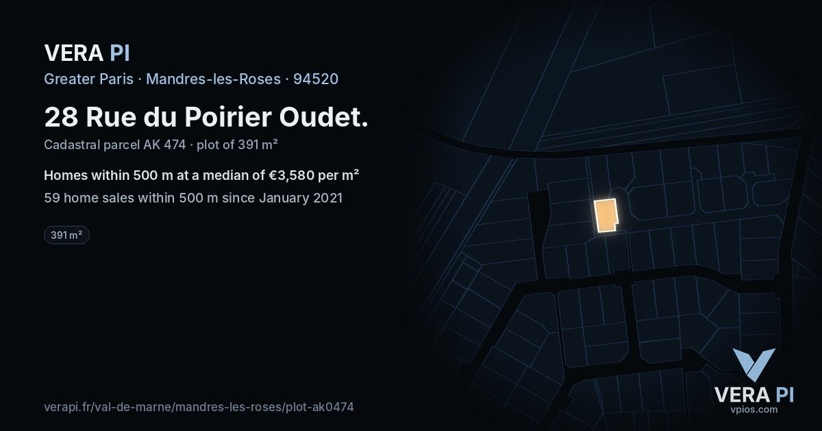 28 Rue du Poirier Oudet, Mandres-les-Roses at night – the plot lit, the parcels around coloured by the prices near them