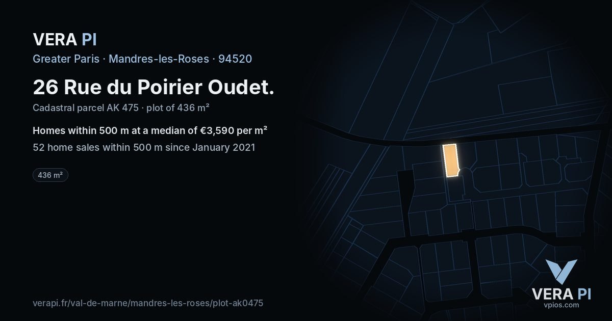 26 Rue du Poirier Oudet, Mandres-les-Roses at night – the plot lit, the parcels around coloured by the prices near them