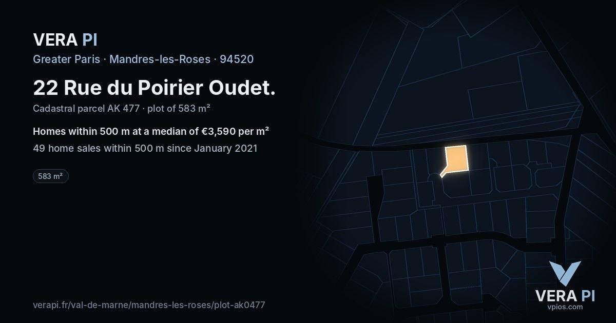 22 Rue du Poirier Oudet, Mandres-les-Roses at night – the plot lit, the parcels around coloured by the prices near them