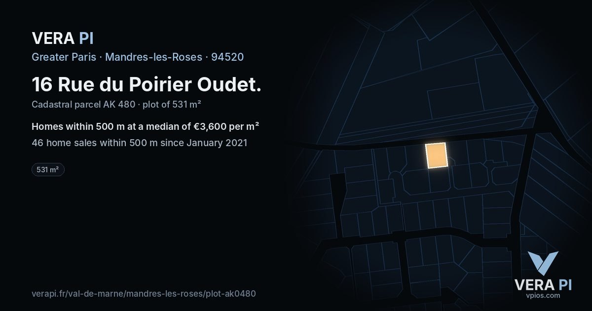 16 Rue du Poirier Oudet, Mandres-les-Roses at night – the plot lit, the parcels around coloured by the prices near them