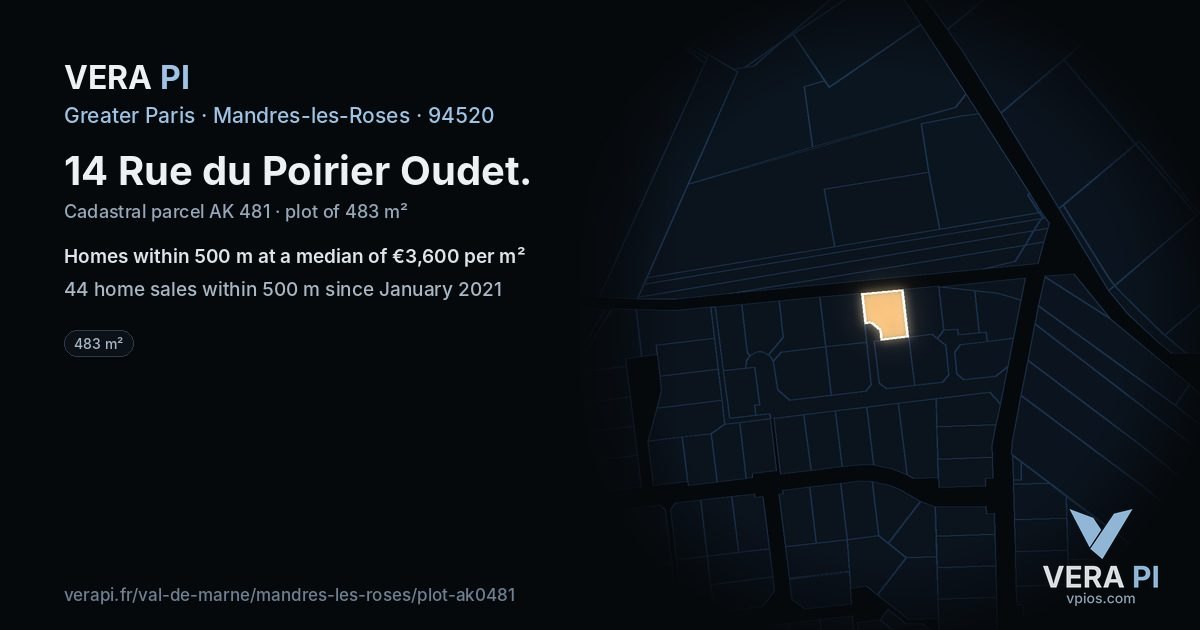 14 Rue du Poirier Oudet, Mandres-les-Roses at night – the plot lit, the parcels around coloured by the prices near them