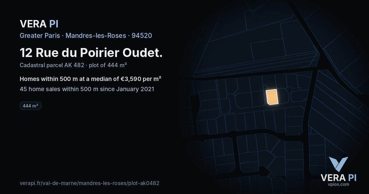 12 Rue du Poirier Oudet, Mandres-les-Roses at night – the plot lit, the parcels around coloured by the prices near them