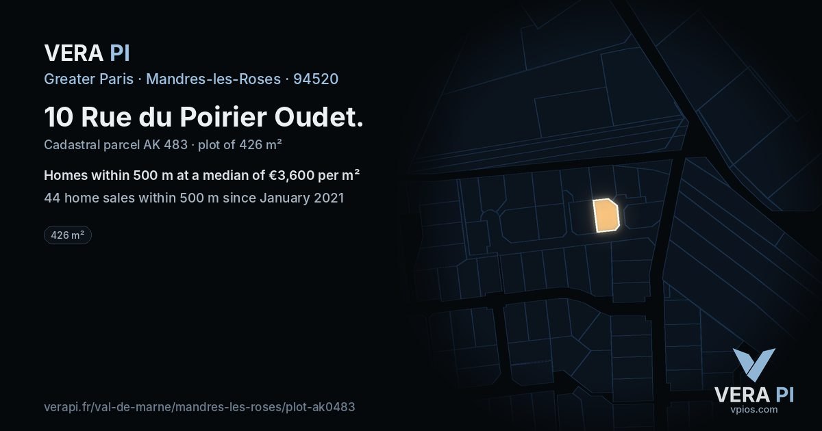 10 Rue du Poirier Oudet, Mandres-les-Roses at night – the plot lit, the parcels around coloured by the prices near them