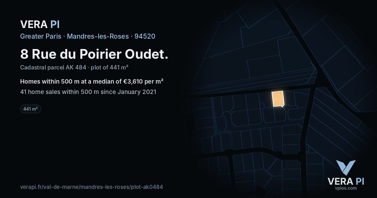 8 Rue du Poirier Oudet, Mandres-les-Roses at night – the plot lit, the parcels around coloured by the prices near them