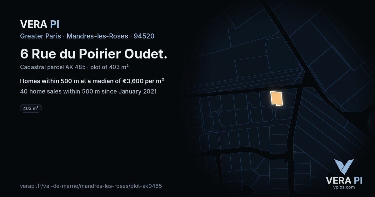 6 Rue du Poirier Oudet, Mandres-les-Roses at night – the plot lit, the parcels around coloured by the prices near them