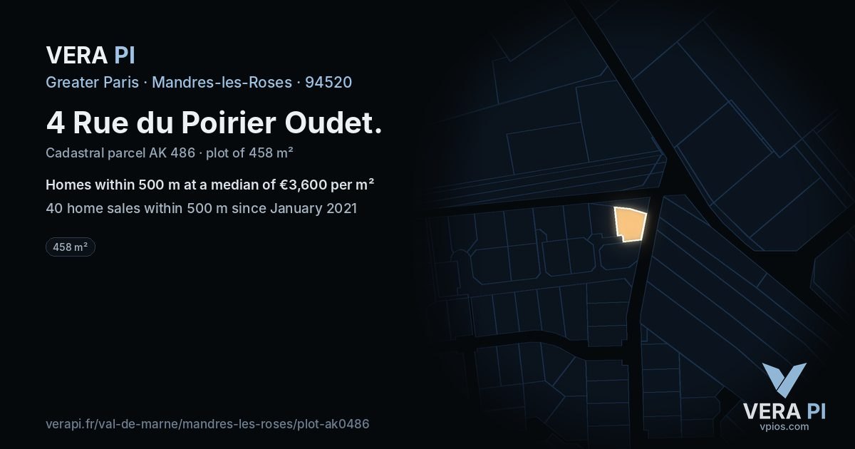 4 Rue du Poirier Oudet, Mandres-les-Roses at night – the plot lit, the parcels around coloured by the prices near them