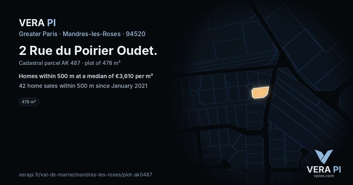 2 Rue du Poirier Oudet, Mandres-les-Roses at night – the plot lit, the parcels around coloured by the prices near them