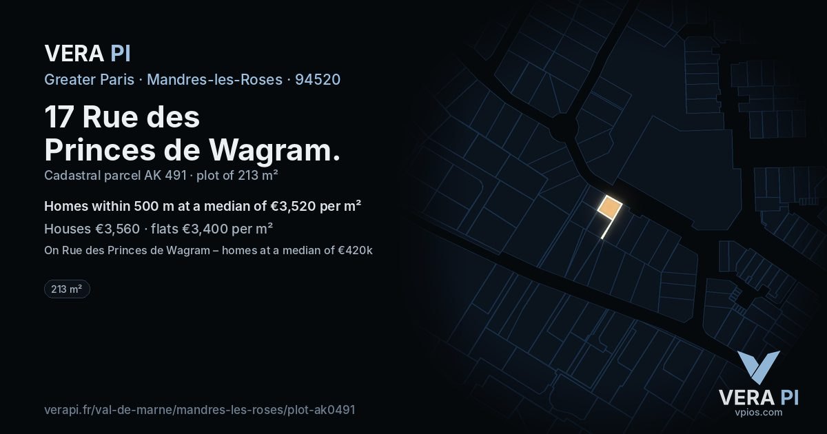 17 Rue des Princes de Wagram, Mandres-les-Roses at night – the plot lit, the parcels around coloured by the prices near them