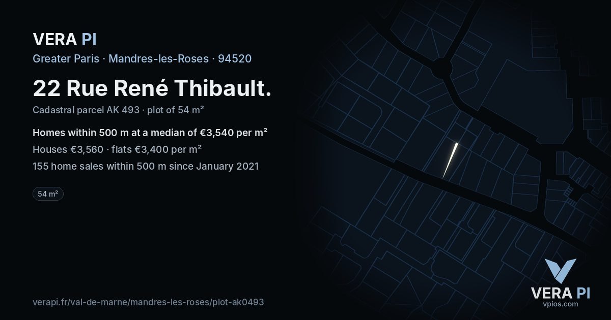 22 Rue René Thibault, Mandres-les-Roses at night – the plot lit, the parcels around coloured by the prices near them