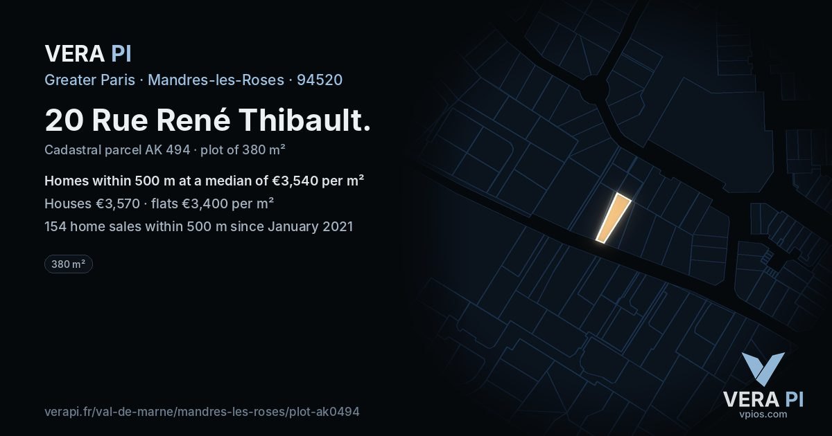 20 Rue René Thibault, Mandres-les-Roses at night – the plot lit, the parcels around coloured by the prices near them