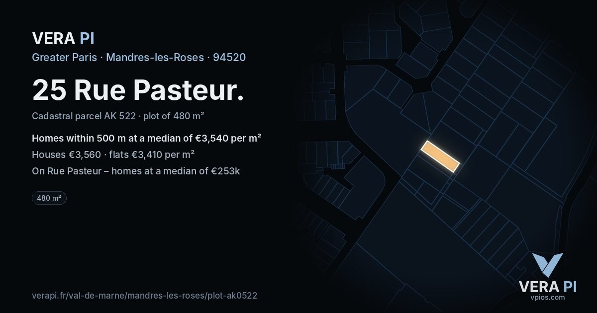 25 Rue Pasteur, Mandres-les-Roses at night – the plot lit, the parcels around coloured by the prices near them