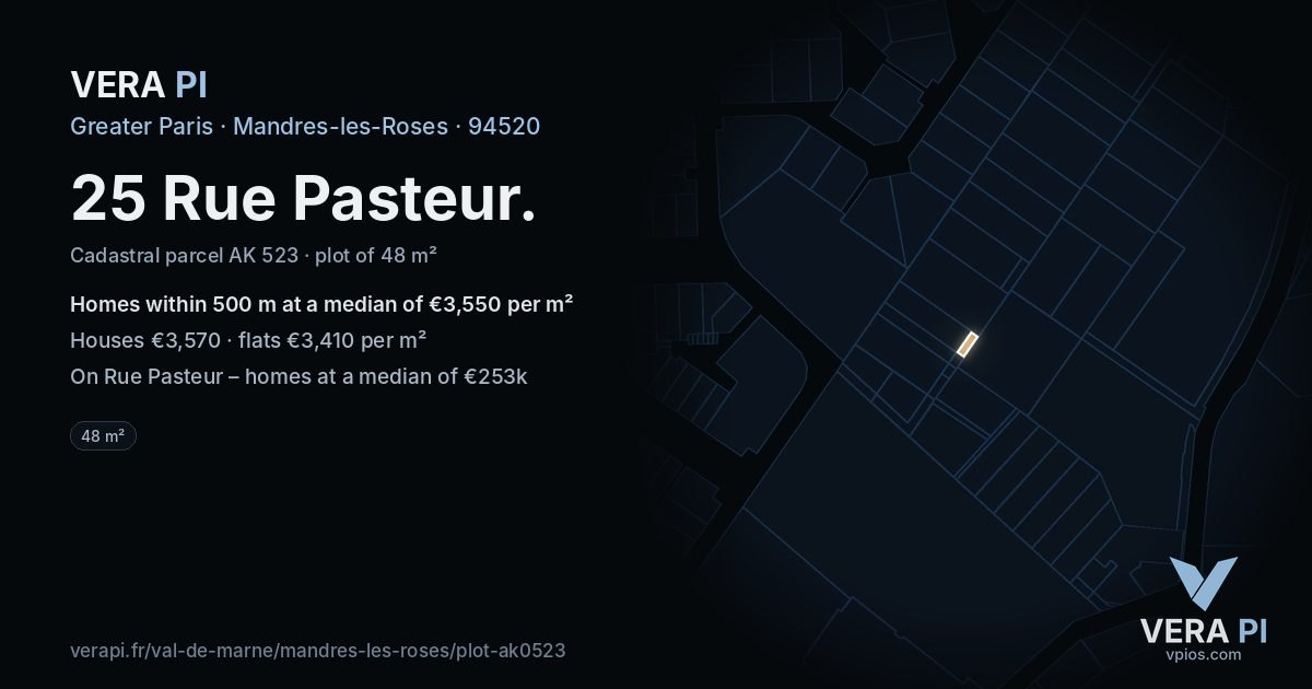 25 Rue Pasteur, Mandres-les-Roses at night – the plot lit, the parcels around coloured by the prices near them