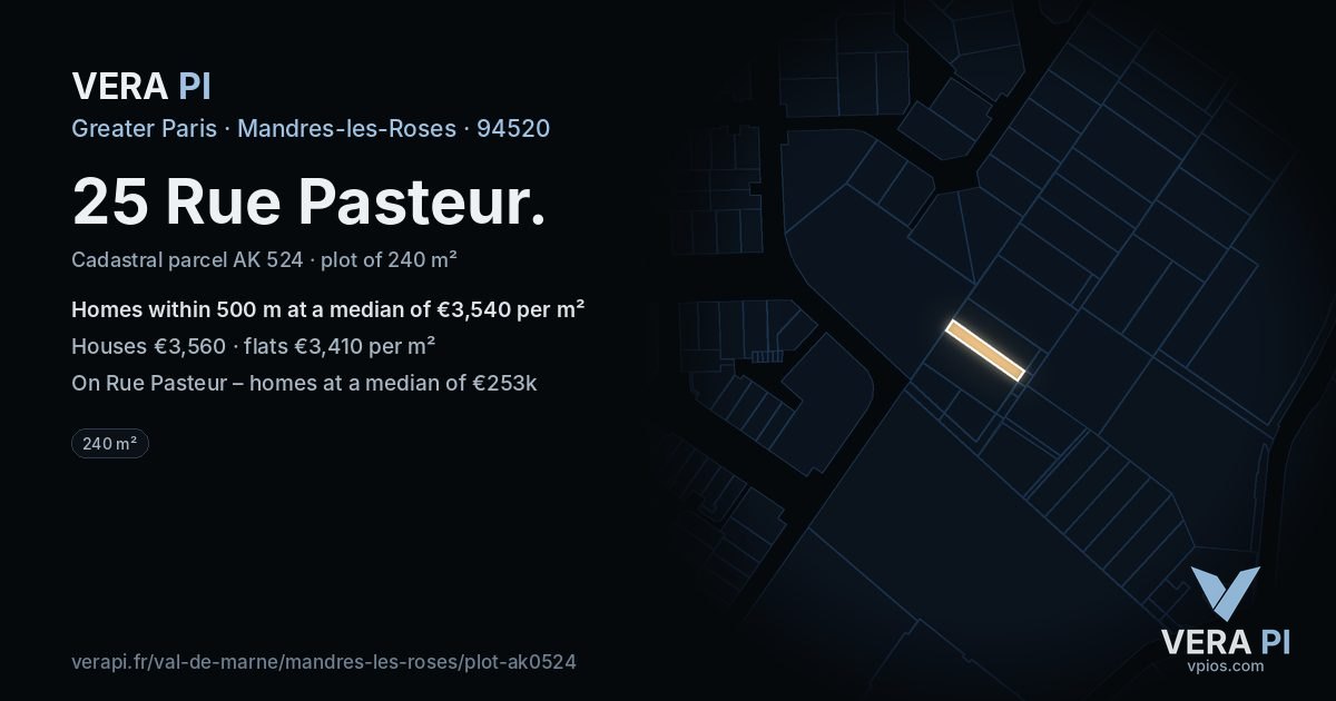 25 Rue Pasteur, Mandres-les-Roses at night – the plot lit, the parcels around coloured by the prices near them