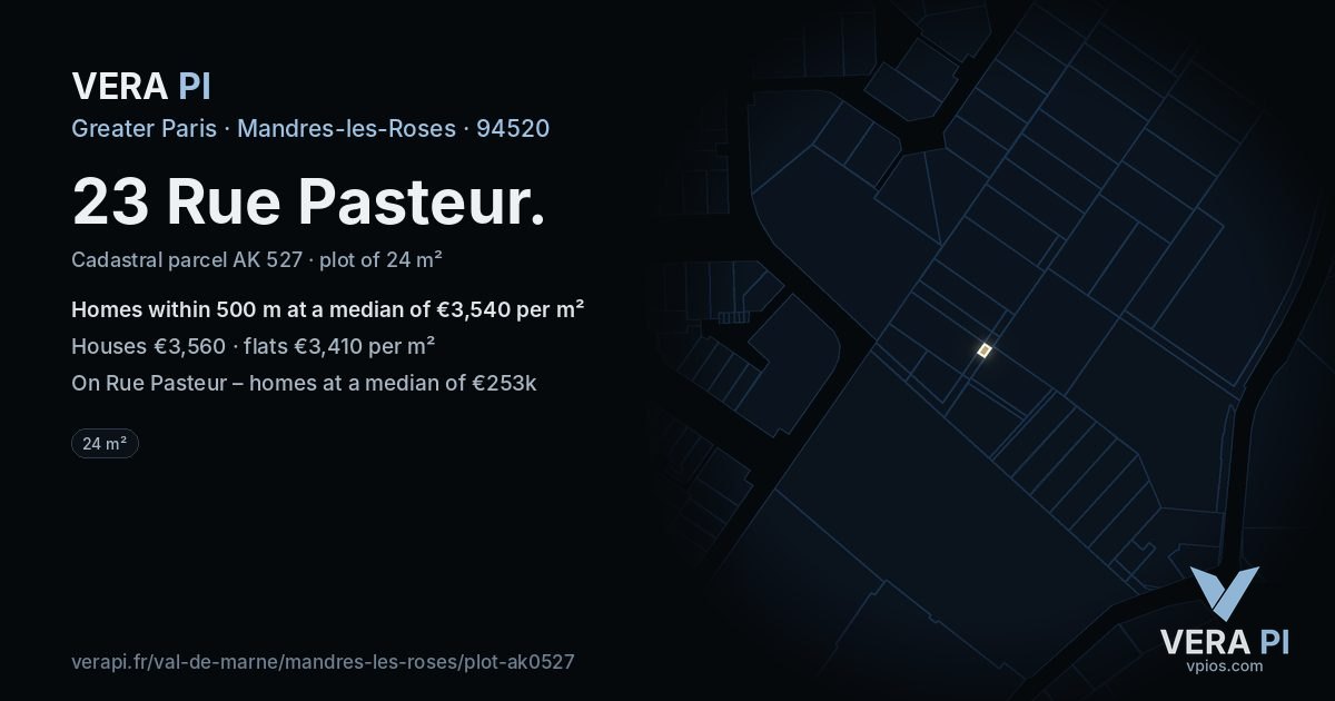 23 Rue Pasteur, Mandres-les-Roses at night – the plot lit, the parcels around coloured by the prices near them