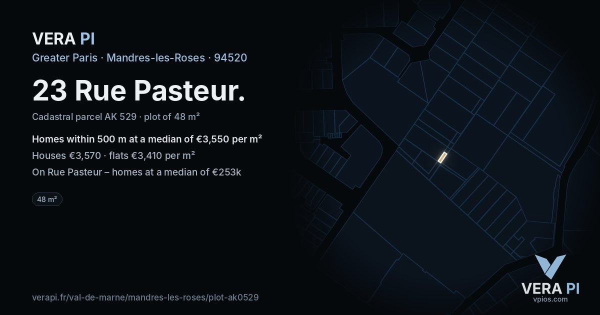 23 Rue Pasteur, Mandres-les-Roses at night – the plot lit, the parcels around coloured by the prices near them