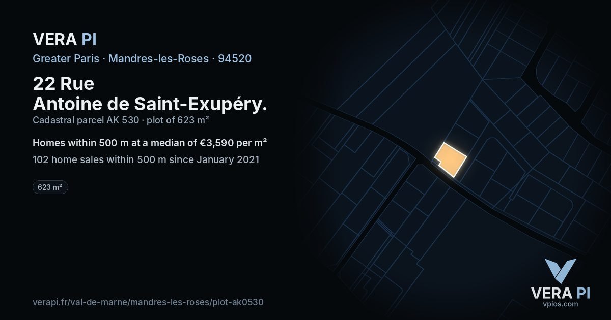 22 Rue Antoine de Saint-Exupéry, Mandres-les-Roses at night – the plot lit, the parcels around coloured by the prices near them