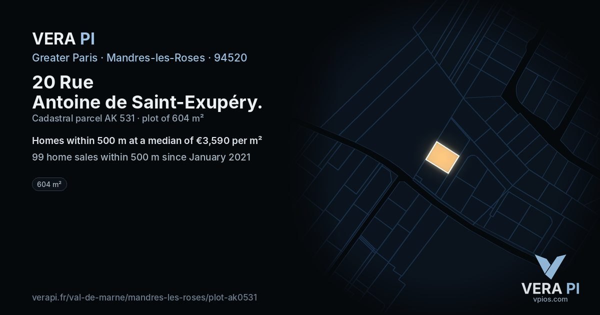 20 Rue Antoine de Saint-Exupéry, Mandres-les-Roses at night – the plot lit, the parcels around coloured by the prices near them