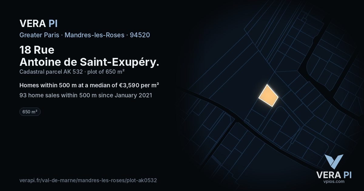 18 Rue Antoine de Saint-Exupéry, Mandres-les-Roses at night – the plot lit, the parcels around coloured by the prices near them