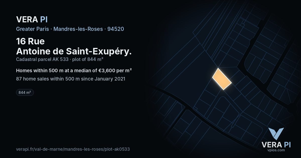16 Rue Antoine de Saint-Exupéry, Mandres-les-Roses at night – the plot lit, the parcels around coloured by the prices near them