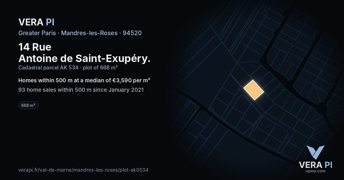 14 Rue Antoine de Saint-Exupéry, Mandres-les-Roses at night – the plot lit, the parcels around coloured by the prices near them