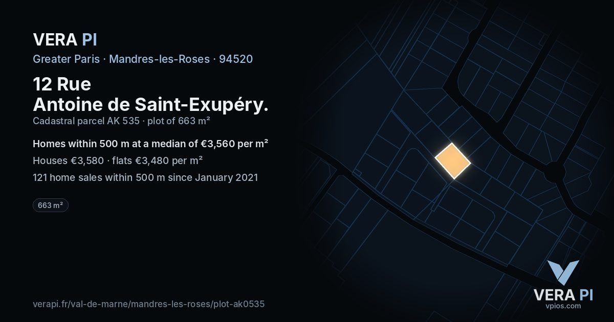 12 Rue Antoine de Saint-Exupéry, Mandres-les-Roses at night – the plot lit, the parcels around coloured by the prices near them