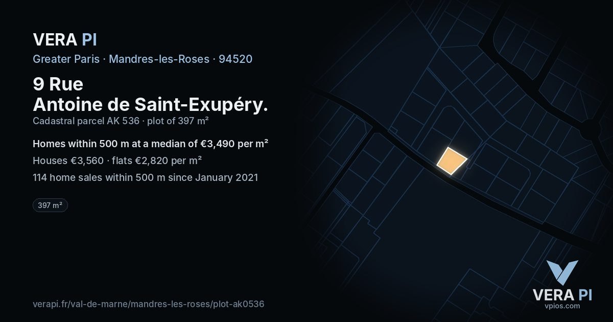9 Rue Antoine de Saint-Exupéry, Mandres-les-Roses at night – the plot lit, the parcels around coloured by the prices near them