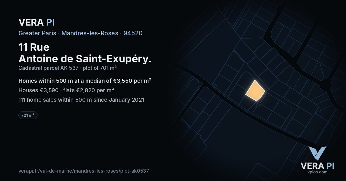 11 Rue Antoine de Saint-Exupéry, Mandres-les-Roses at night – the plot lit, the parcels around coloured by the prices near them
