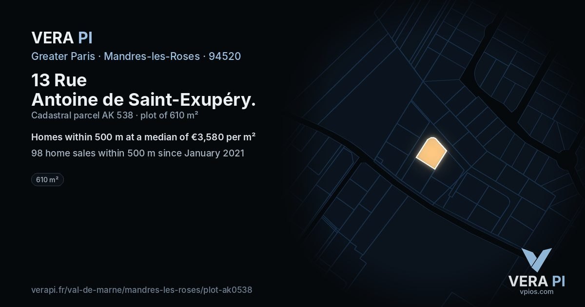 13 Rue Antoine de Saint-Exupéry, Mandres-les-Roses at night – the plot lit, the parcels around coloured by the prices near them