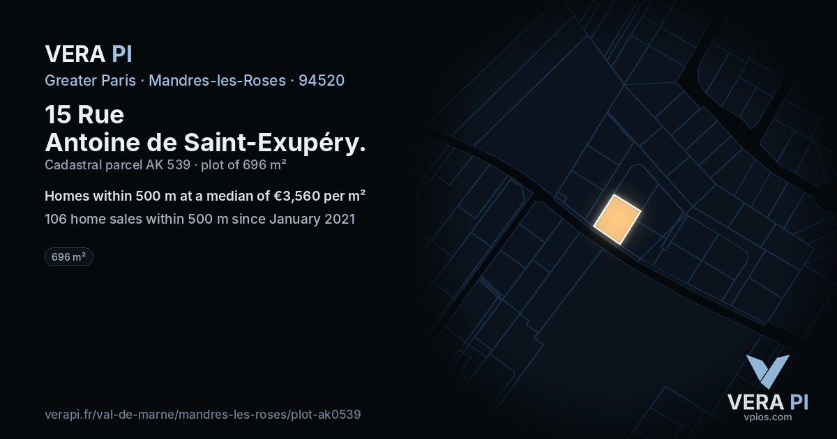 15 Rue Antoine de Saint-Exupéry, Mandres-les-Roses at night – the plot lit, the parcels around coloured by the prices near them