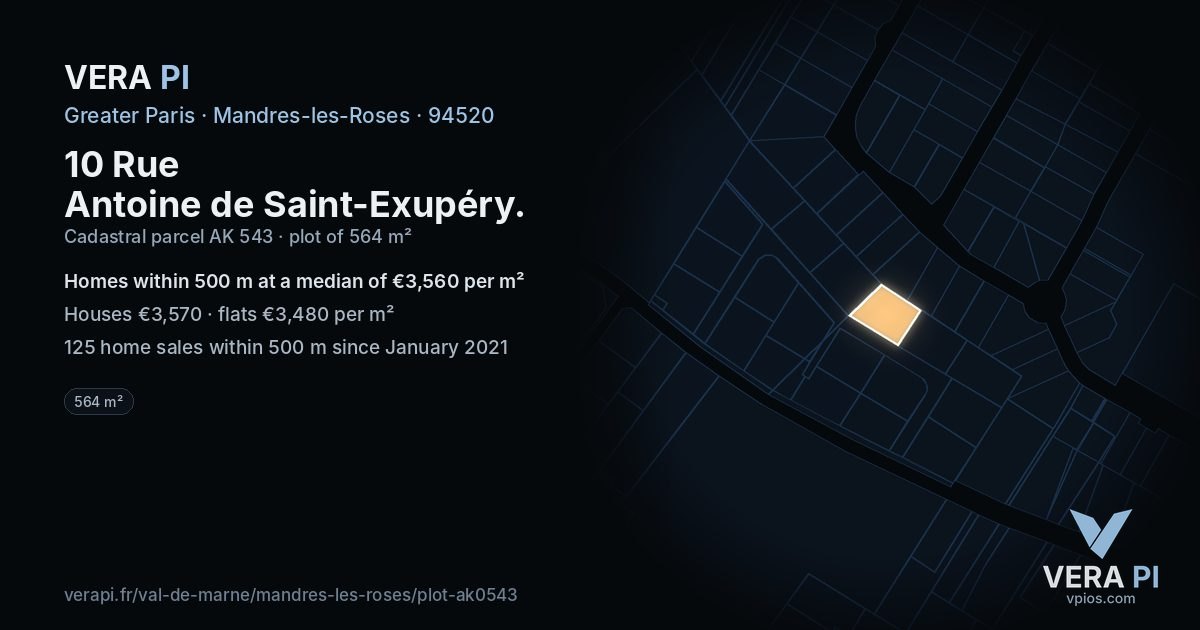 10 Rue Antoine de Saint-Exupéry, Mandres-les-Roses at night – the plot lit, the parcels around coloured by the prices near them