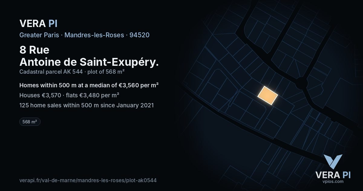 8 Rue Antoine de Saint-Exupéry, Mandres-les-Roses at night – the plot lit, the parcels around coloured by the prices near them