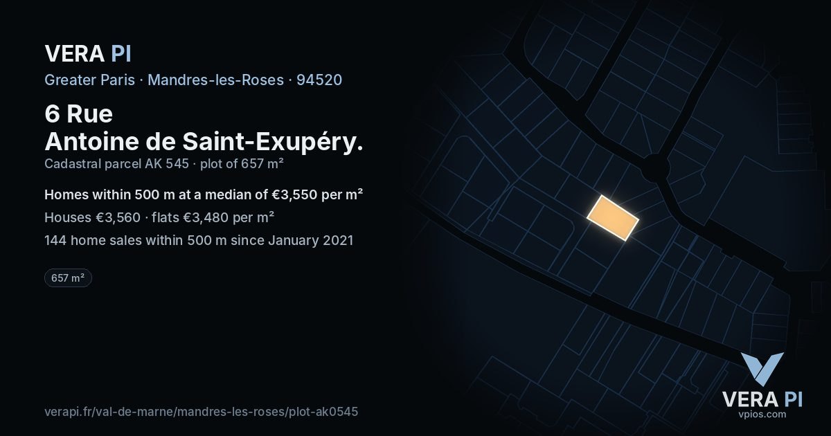 6 Rue Antoine de Saint-Exupéry, Mandres-les-Roses at night – the plot lit, the parcels around coloured by the prices near them
