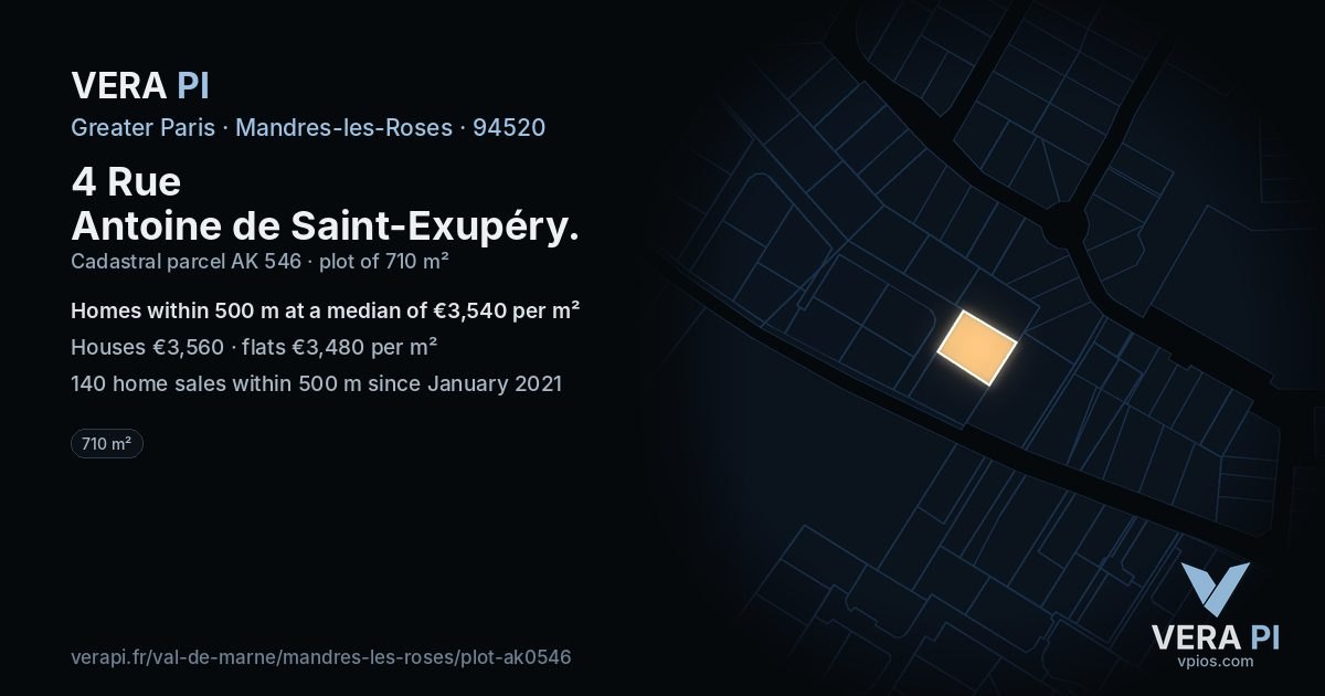 4 Rue Antoine de Saint-Exupéry, Mandres-les-Roses at night – the plot lit, the parcels around coloured by the prices near them