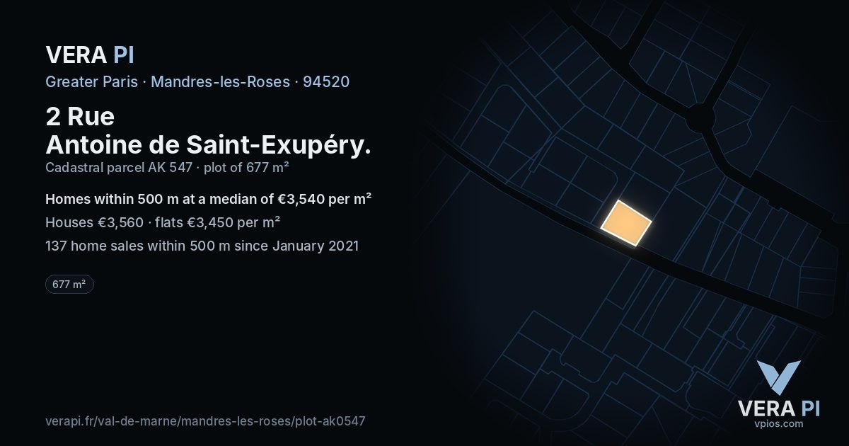 2 Rue Antoine de Saint-Exupéry, Mandres-les-Roses at night – the plot lit, the parcels around coloured by the prices near them