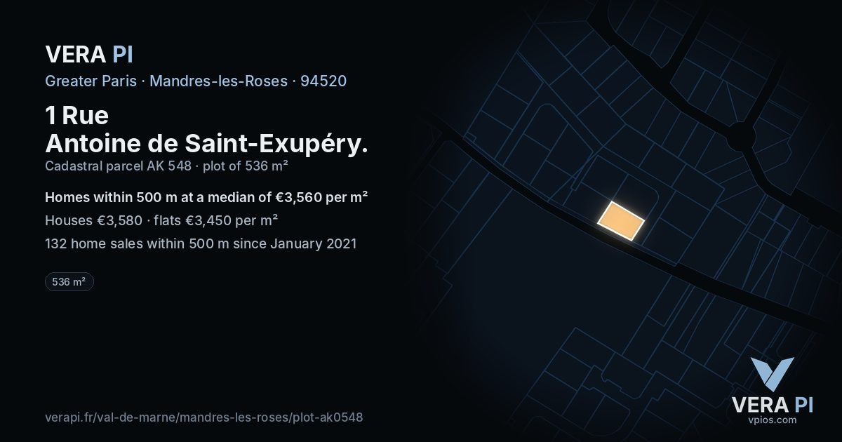 1 Rue Antoine de Saint-Exupéry, Mandres-les-Roses at night – the plot lit, the parcels around coloured by the prices near them