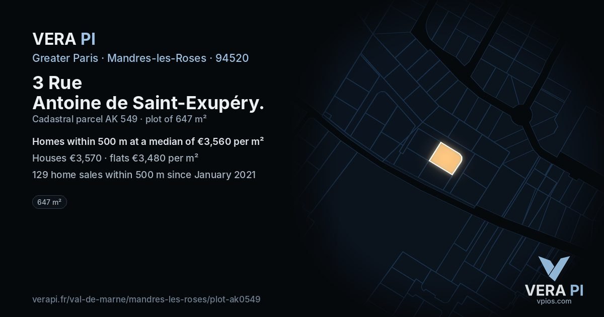 3 Rue Antoine de Saint-Exupéry, Mandres-les-Roses at night – the plot lit, the parcels around coloured by the prices near them