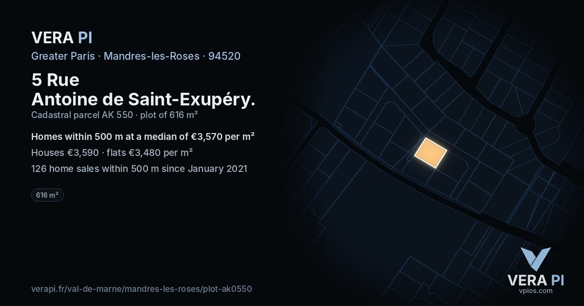 5 Rue Antoine de Saint-Exupéry, Mandres-les-Roses at night – the plot lit, the parcels around coloured by the prices near them
