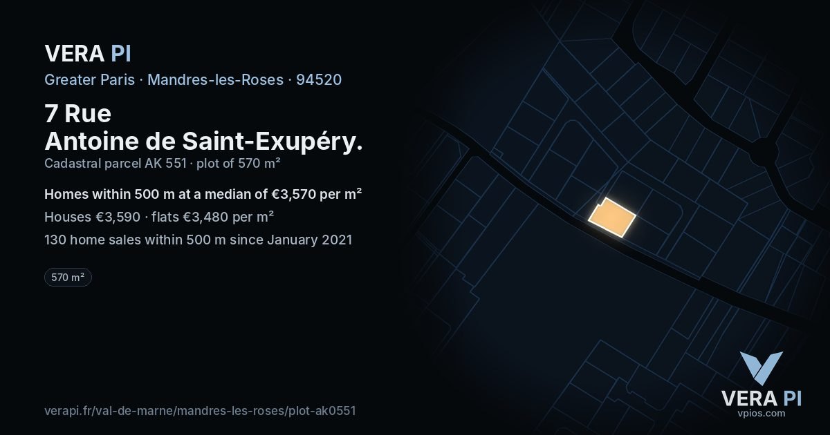7 Rue Antoine de Saint-Exupéry, Mandres-les-Roses at night – the plot lit, the parcels around coloured by the prices near them