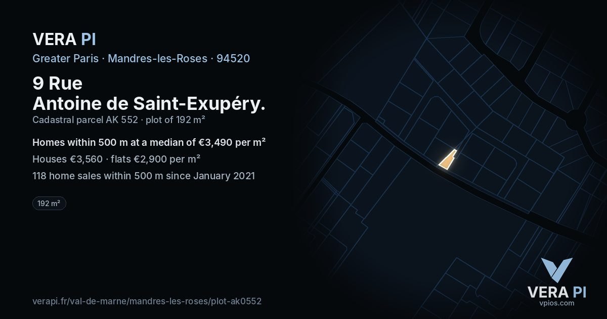 9 Rue Antoine de Saint-Exupéry, Mandres-les-Roses at night – the plot lit, the parcels around coloured by the prices near them