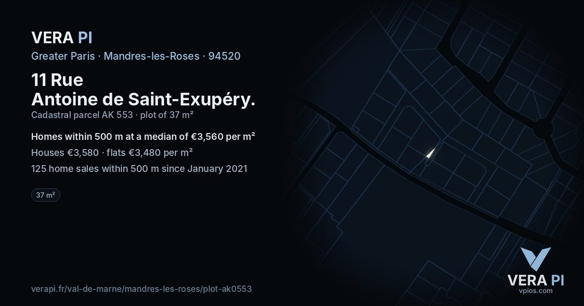 11 Rue Antoine de Saint-Exupéry, Mandres-les-Roses at night – the plot lit, the parcels around coloured by the prices near them