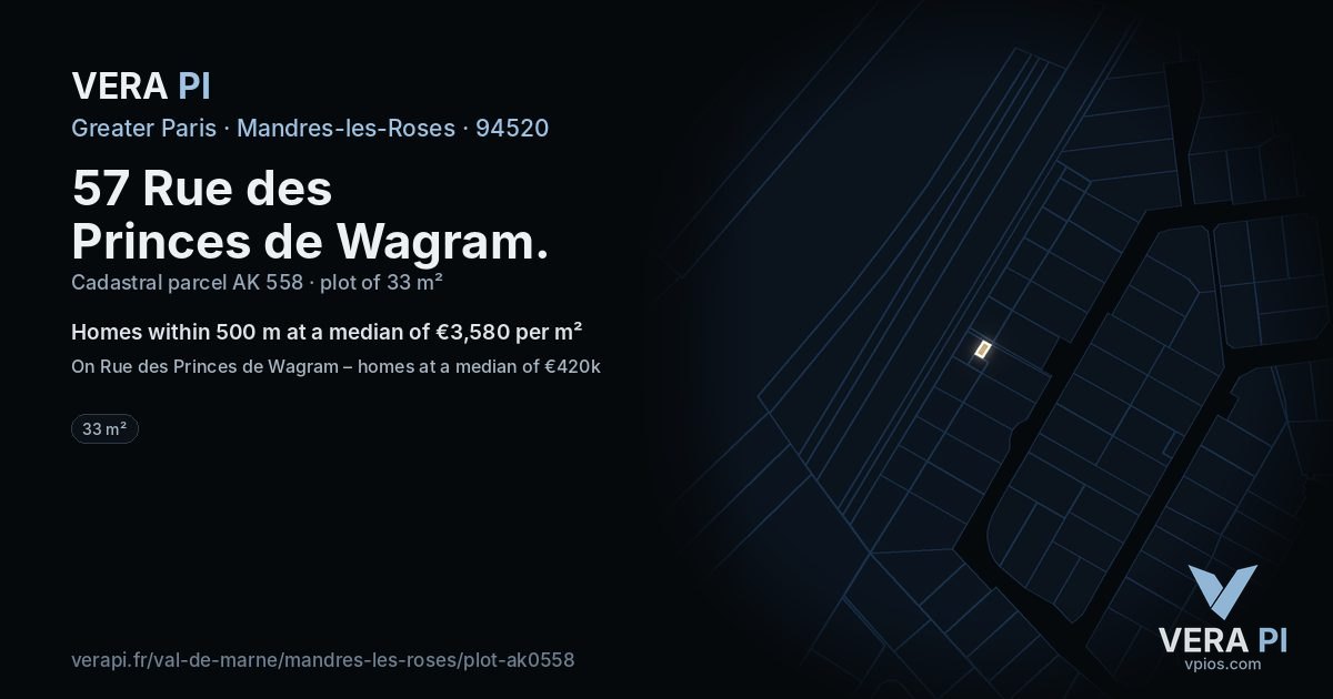 57 Rue des Princes de Wagram, Mandres-les-Roses at night – the plot lit, the parcels around coloured by the prices near them