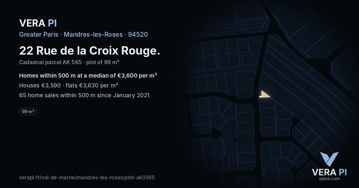 22 Rue de la Croix Rouge, Mandres-les-Roses at night – the plot lit, the parcels around coloured by the prices near them