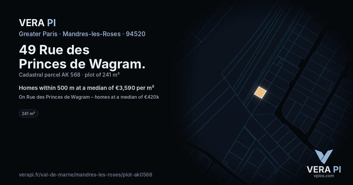 49 Rue des Princes de Wagram, Mandres-les-Roses at night – the plot lit, the parcels around coloured by the prices near them