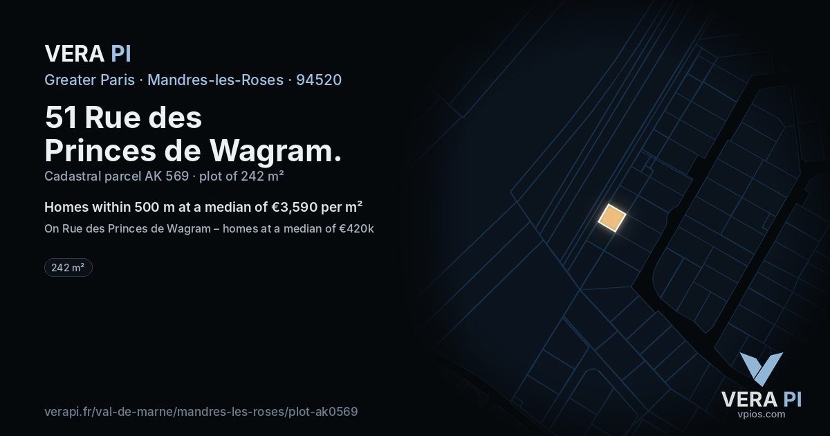 51 Rue des Princes de Wagram, Mandres-les-Roses at night – the plot lit, the parcels around coloured by the prices near them