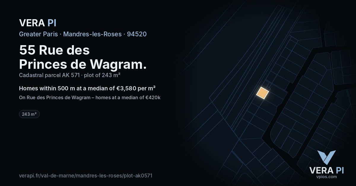 55 Rue des Princes de Wagram, Mandres-les-Roses at night – the plot lit, the parcels around coloured by the prices near them