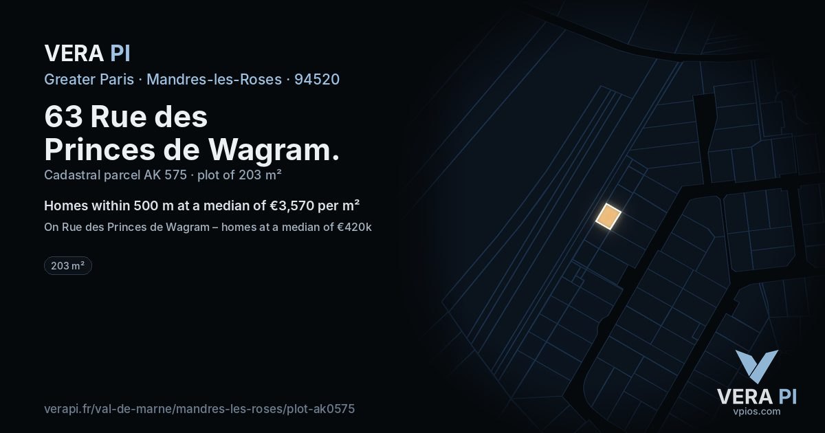 63 Rue des Princes de Wagram, Mandres-les-Roses at night – the plot lit, the parcels around coloured by the prices near them
